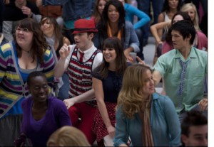 Ashley Fink, Chris Colfer, Hary Shum Jr. and Lea Michele in GLEE - Season 2 - "Born This Way" |©2011 Fox/Adam Rose
