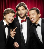 Angus T. Jones, Ashton Kutcher and Jon Cryer in TWO AND A HALF MEN | ©2011 CBS/Warner Bros./Matt Hoyle