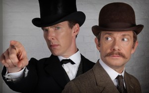 Benedict Cumberbatch and Martin Freeman SHERLOCK: THE ABOMINABLE BRIDE | ©2015 PBS/Robert Viglasky/Hartswood Films and BBC One and MASTERPIECE