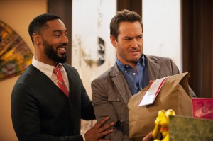 Tone Bell stars as Russell and Mark-Paul Gosselaar as Mitch on NBC's TRUTH BE TOLD | © 2015 Colleen Hayes/NBC