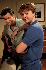 Charlie Sheen and Angus T. Jones in TWO AND A HALF MEN - Season 8 - "Springtime on a Stick" | ©2010 Warner Bros. Television/Greg Gayne