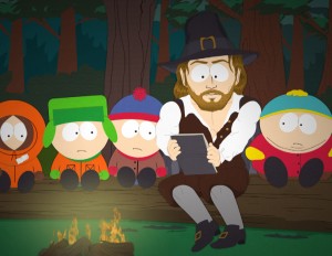 Kenny, Kyle, Stan and Cartman are schooled in the truth about Thanksgiving by hero Myles Standish on SOUTH PARK - Season 15 - "A History Channel Thanksgiving" | ©2011 Comedy Central