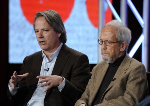 JUSTIFIED executive producers Graham Yost and Elmore Leonard at the FX Winter TCA Tour 2012 | ©2012 FX/Phil McCarten