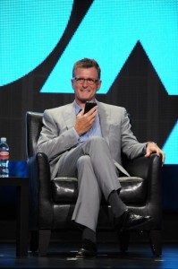 Fox President Kevin Reilly speaking with new AMERICAN IDOL judge Mariah Carey via a telephone call at the 2012 Fox Summer TCA | ©2012 Fox/Frank Micelotta 