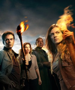 Billy Burke, Elizabeth Mitchell, Giancarlo Esposito, and Tracy Spiridakos in REVOLUTION - Season 1 | ©2012 NBC/Nino Munoz