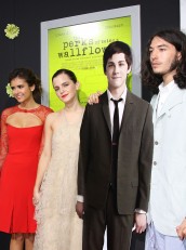 Nina Dobrev, Emma Watson, Ezra Miller and Logan Lerman cardboard figure at the premiere of THE PERKS OF BEING A WALLFLOWER | ©2012 Sue Schneider