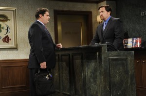 Louis C.K. and Bobby Mornihan in a Hotel Fees sketch on SATURDAY NIGHT LIVE - Season 38 | ©2012 NBC/Dana Edelson