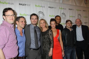 Arrow Cast and Creators: L-R Andrew Kreisberg, Greg Berlanti, Stephen Amell, Susanna Thompson, Katie Cassidy, David Ramsey, Geoff Johns, and Marc Guggenheim at the 30th Annual PaleyFest: The William S. Paley Television Festival presents a night with ARROW | ©2013 Sue Schneider