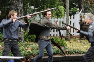 Miles (Billy Burke) fights militia in REVOLUTION "Ghost" | (c) 2013 NBC/Brownie Harris