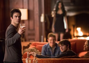 Ian Somerhalder as Damon, Zach Roerig as Matt, Nina Dobrev as Katherine, Steven R. McQueen as Jeremy and Kat Graham as Bonnie in THE VAMPIRE DIARIES - Season 5 - "500 Years of Solitude" | ©2014 The CW/Bob Mahoney