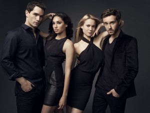 Sam Witwer as Aidan Waite, Meaghan Rath as Sally Malik, Kristen Hanger as Nora Sergeant, Sam Huntington as Josh Levison in BEING HUMAN - Season 4 | ©2014 Syfy/Art Streiber