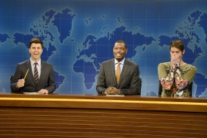 Colin Jost, Michael Che and Bill Hader as Stefon during Weekend Update on October 11, 2014 in SATURDAY NIGHT LIVE - Season 40 | ©2014 NBC/Dana Edelson