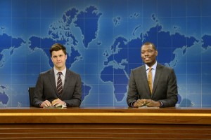 Colin Jost and Michael Che during "Weekend Update" on October 4, 2014 on SATURDAY NIGHT LIVE - Season 40 with Sarah Silverman as host | ©2014 NBC/Dana Edelson