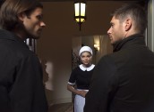 Jared Padalecki as Sam, Izabella Miko as Olivia, and Jensen Ackles as Dean in SUPERNATURAL - Season 10 - "Ask Jeeves" | ©2014 The CW/Michael Courtney