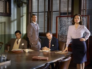 The cast of MARVEL'S AGENT CARTER stars Enver Gjokaj as Agent Daniel Sousa, Chad Michael Murray as Agent Jack Thompson, Shea Whigham as Chief Roger Dooley and Hayley Atwell as Agent Peggy Carter | © 2015 ABC/Bob D'Amico