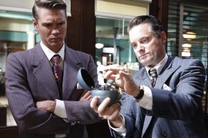 Dooley (Shea Whigham) and Thompson (Chad Michael Murray) examine the blood of Captain America in AGENT CARTER | © 2015 ABC/Kelsey McNeal