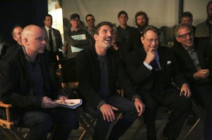 The producers and crew of TWO AND A HALF MEN including Chuck Lorre (center) watch the finale being filmed | © 2015 Michael Yarish/CBS