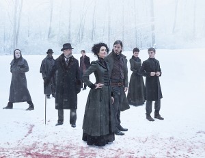 Rory Kinnear as the creature, Danny Sapani as Sembeme, Timothy Dalton as Sir Malcolm, Reeve Carney as Dorian Gray, Eva Green as Vanessa Ives, Josh Hartnett as Ethan Chandler, Helen McCrory as Evelyn Poole and Harry Treadaway as Dr. Victor Frankenstein in PENNY DREADFUL - Season 2 | ©2015 Showtime