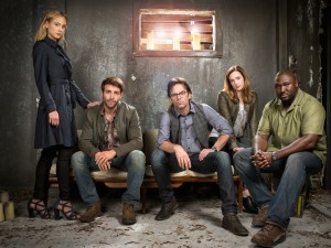 Nora Arnezeder as Chloe Tousignant, James Wolk as Jackson Oz, Billy Burke as Mitch Morgan, Kristen Connolly as Jamie Campbell and Nonso Anozie as Abraham Kenyatta in ZOO - Season 1 | ©2015 CBS/Timothy Kuratek