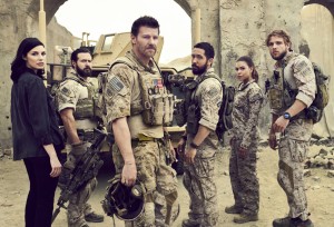 Jessica Paré, AJ Buckley, David Boreanaz, Neil Brown Jr., Toni Trucks, and Max Thieriot in SEAL TEAM - Season 1 |©2017 CBS/Eric Ray Davidson