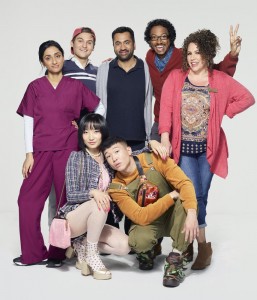 Kiran Deol as Mallory, Poppy Liu as Mei Lin, Moses Storm as Brady, Joel Kim Booster as Jun Ho, Kal Penn as Garrett, Samba Schutte as Hakim, Diana-Maria Riva as Griselda in SUNNYSIDE - Season 1 | ©2019 NBCUniversal/F. Scott Schafer