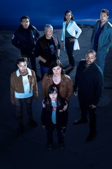 Ashley Aufderheide as Mia Evans, Robert Bailey Jr. as Officer Chris Minetto, Clancy Brown as Ed, Alexa Swinton as Piper, Allison Tolman as Jo Evans, Zabryna Guevara as Abby Fraiser, Donald Faison as Alex Evans, and Owain Yeoman as Benny Gallagher in EMERGENCE - Season 1 | ©2019 ABC/Frank Ockenfels