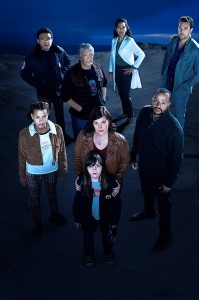 Ashley Aufderheide as Mia Evans, Robert Bailey Jr. as Officer Chris Minetto, Clancy Brown as Ed, Alexa Swinton as Piper, Allison Tolman as Jo Evans, Zabryna Guevara as Abby Fraiser, Donald Faison as Alex Evans, and Owain Yeoman as Benny Gallagher in EMERGENCE - Season 1 | ©2019 ABC/Frank Ockenfels