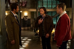  Misha Collins as Castiel, Jared Padalecki as Sam and Alexander Calvert as Jack in SUPERNATURAL - Season 14 - "Nihilism"| ©2018 The CW Network, LLC/Shane Harvey