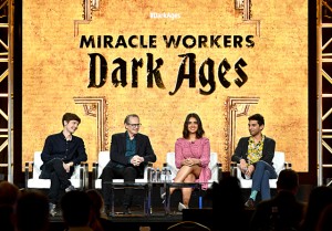 Simon Rich, Steve Buscemi,  Geraldine Viswanathan and Karan Soni at the 2020 Winter TCA's discussing MIRACLE WORKERS: DARK AGES | ©2019 TBS/mma McIntyre/Getty Images for WarnerMedia
