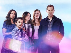 Athena Karkanis as Grace Stone, Jack Messina as Cal Stone, Luna Blaise as Olive Stone, Melissa Roxburgh as Michaela Stone, Josh Dallas as Ben Stone in MANIFEST - Season 2 | ©2020 NBCUniversal/James Dimmock