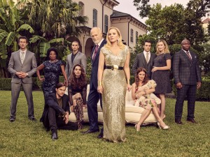 Aaron Lazar as Reverend Paul Thomas, Deneen Tyler as Nora Ellington, Mark L. Young as Jason Conley, Melia Kreiling as Ginger Sweet, Benjamin Aquilar as Antonio Rivera, Gerald McRaney as Eugene Monreaux, Kim Cattrall as Margaret Monreaux, Aubrey Dollar as Rose Monreaux, Corey Cott as Eric Monreaux, Olivia Macklin as Becky Monreaux and Steve Harris as Franklin Lee in FILTHY RICH - Season 1 in "John 3:3" | ©2020 Fox / Justin Stephens