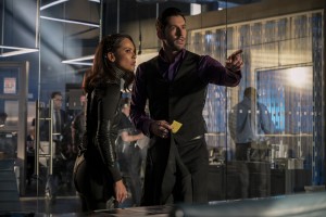 Lesley-Ann Brandt as Maze and Tom Ellis as Lucifer in LUCIFER - Season 5 - "It Never Ends Well For the Chicken" |©2020 Netflix/John P. Fleenor