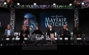 Mark Johnson, Esta Spalding, Michelle Ashford, Alexandra Daddario, Harry Hamlin and Tongayi Chirisa discussing Season 1 of MAYFAIR WITCHES at the TCA's | ©2023 AMC/photo by Sara Kestlinger