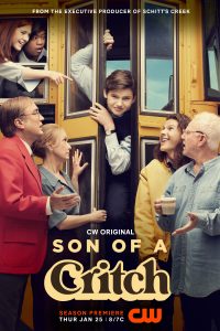 Sophia Powers as Fox, Mark Ezekiel Rivera as Ritchie Perez, Mark Critch as Mike Critch, Claire Rankin as Mary Critch, Benjamin Evan Ainsworth as Mark Critch, and Colton Gobbo as Mike Critch Jr., and Malcolm McDowell as Patrick “Pop” Critch in SON OF A CRITCH - Season 1 Key Art | ©2024 Project 10 Productions