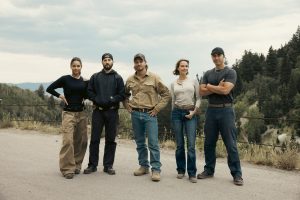 Ash Santos as Andrea, Logan Marshall-Green as Pete Calvin, Luke Grimes as Kayce Dutton, Arielle Kebbel as Belle, and Tatanka Means as Miles in MARSHALS - Season 1 - "Zone of Death" | ©2026 CBS/Sonja Flemming